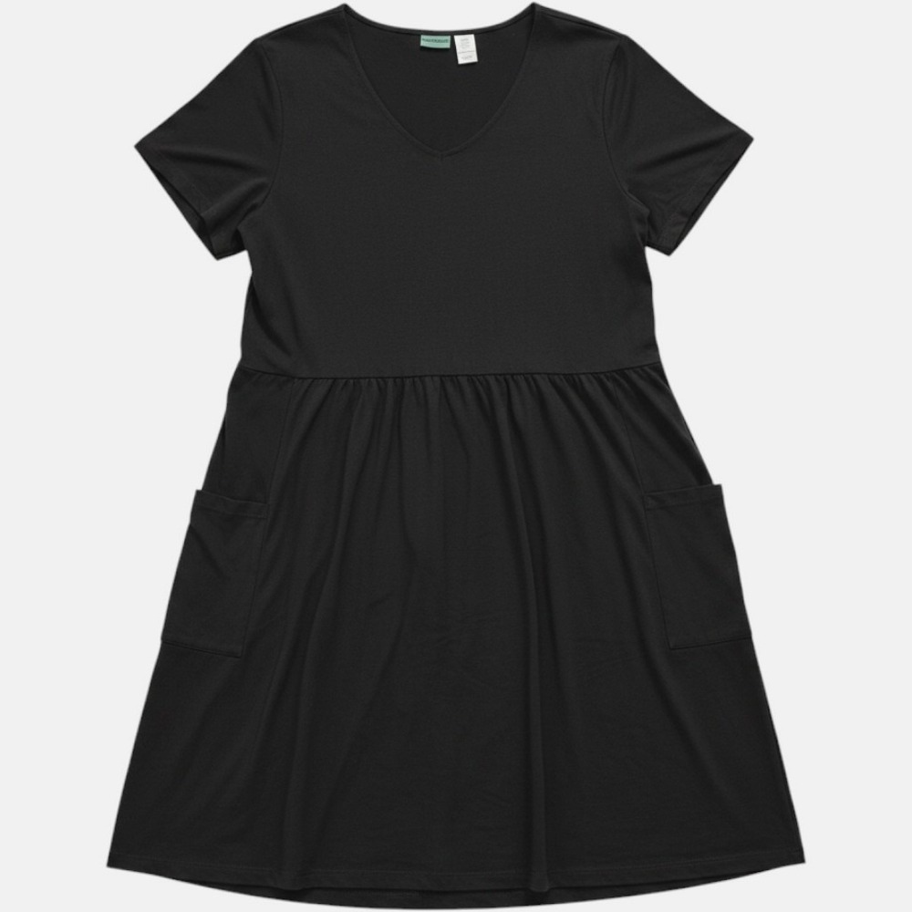 Sara Morgan Black Cotton V-Neck Babydoll Midi Dress with Pockets 3X